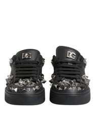 Black Leather Studded Low Top Sneakers Shoes