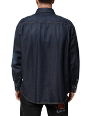 Blue Denim Button Casual Logo Patch Men Shirt