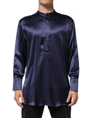 Navy Silk Long Sleeve Mandarin Collar Shirt