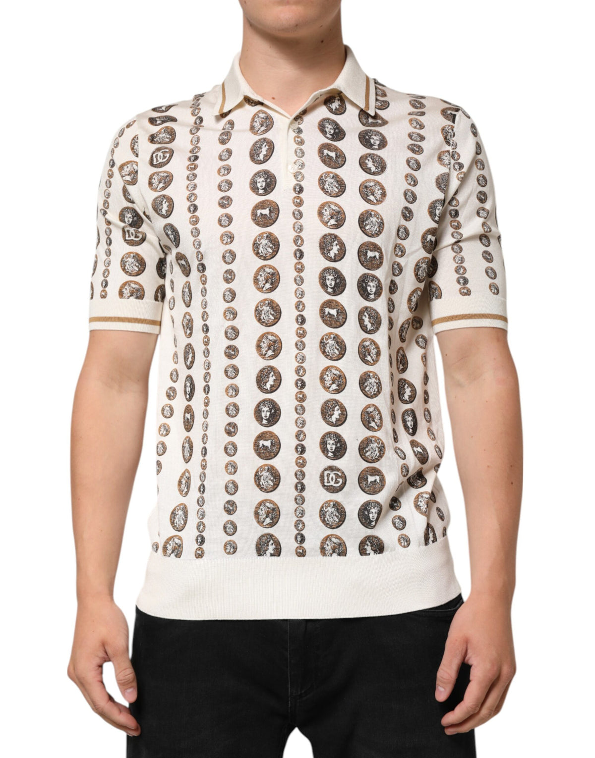 Silk Ivory Coin Print Logo Men Polo T-Shirt