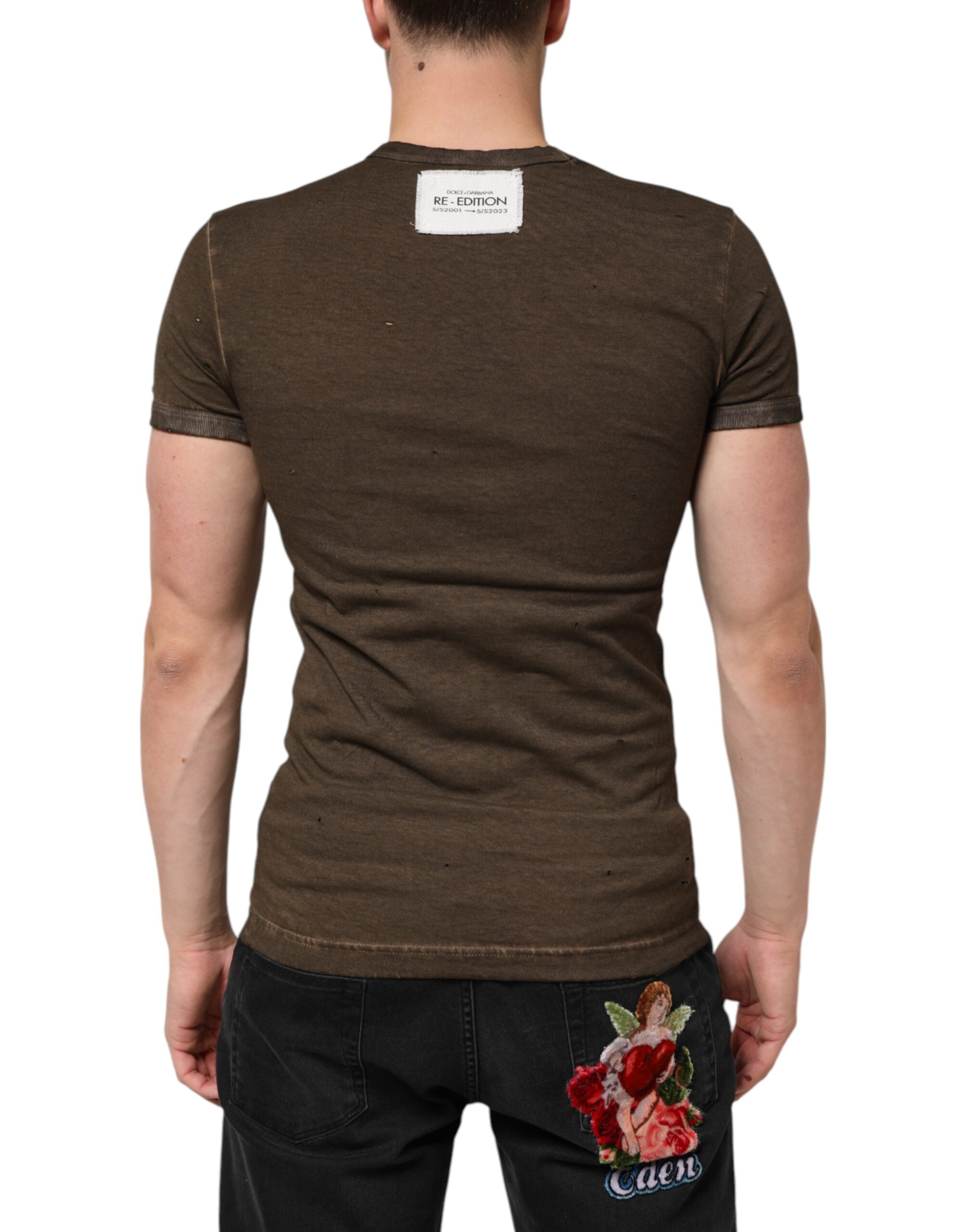 Dark Brown Cotton Tattered Logo Men's T-shirt