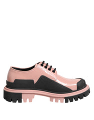 Light Powder Pink Black Leather Lace-Up Shoes