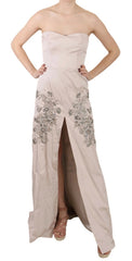 Beige Sequined Flower Flare Ball Gown Dress