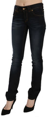 Dark Blue Mid Waist Slim Fit Denim Casual Pants Jeans 