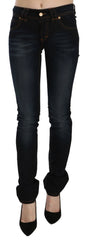 Dark Blue Mid Waist Slim Fit Denim Casual Pants Jeans 