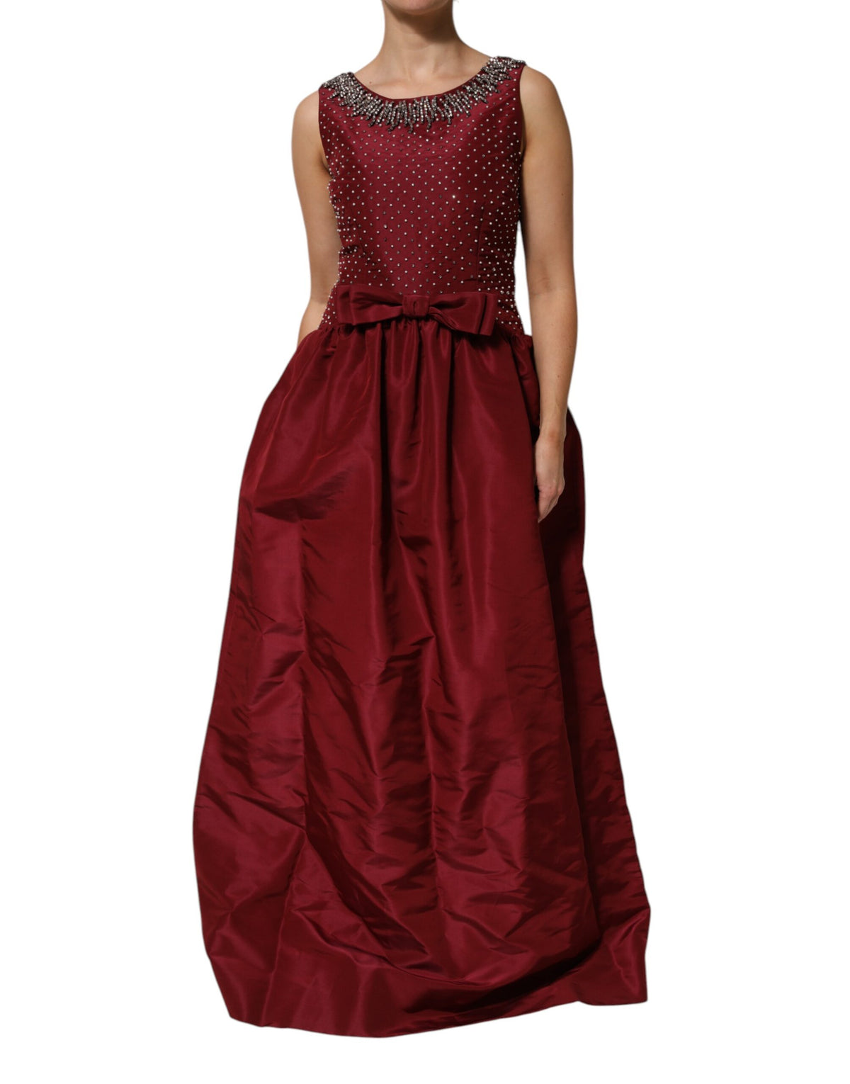 Burgundy Silk Beaded Evening Gown Dress