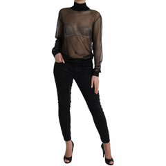 Black Mesh Turtleneck Sheer Blouse Top