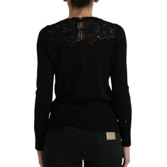 Black Silk Lace Trim Long Sleeves Blouse Top