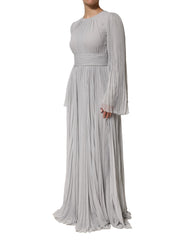 Gray Pleated Maxi Long Sleeve Silk Blend Gown Dress