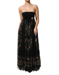 Black Floral Key Print Crystal Strapless Dress
