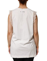 White Silk Blend Lace Trim Sleeveless V-Neck Women’s Top