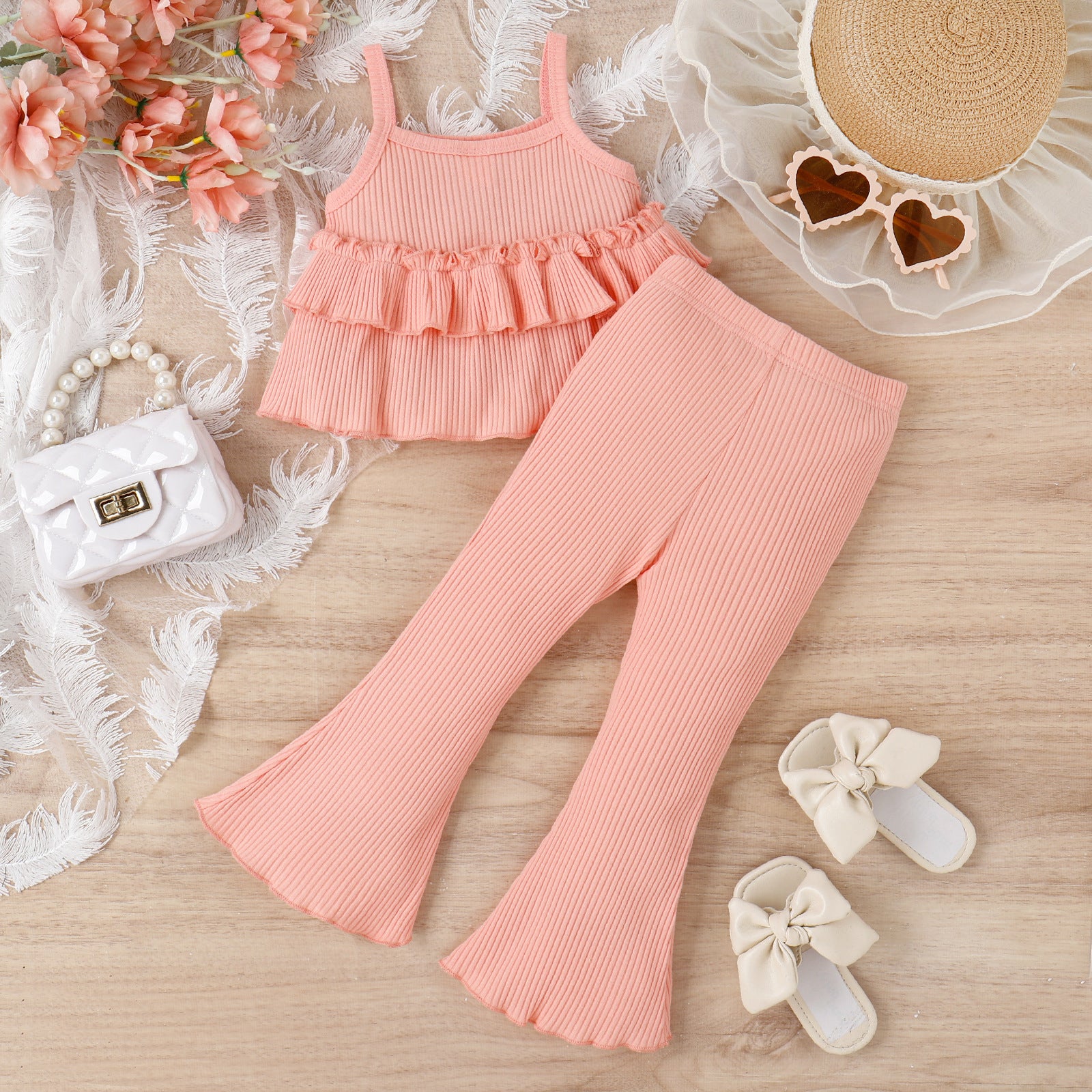 Children's Clothing Springsummer Young And Little Girls Sling Lace-collared Blouse Horn Sunken Stripe Trousers Two-piece Suit