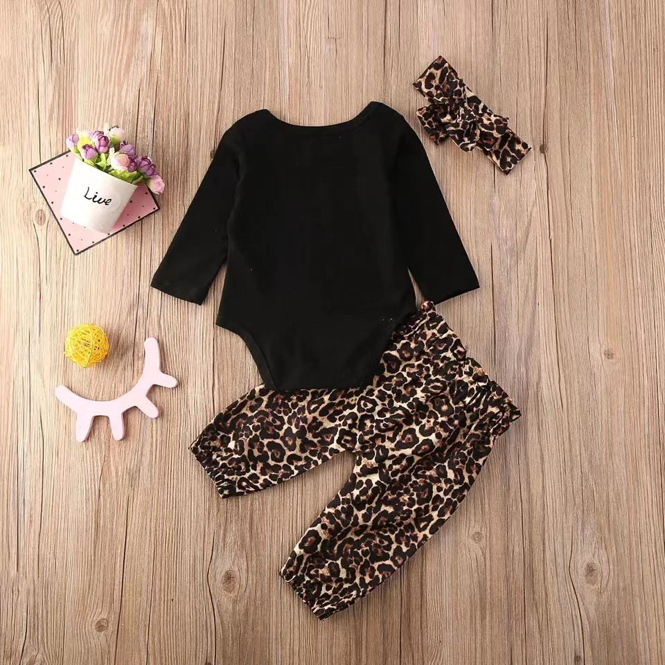 Long Sleeve Black Onesie Yellow Letter Three-piece Set