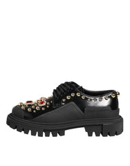 Black Leather Jeweled Crystals Derby Shoes