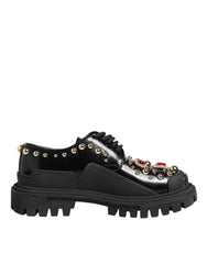 Black Leather Jeweled Crystals Derby Shoes