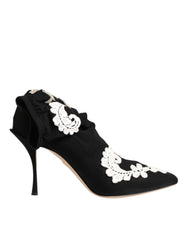 Black White Embroidered Jersey Stiletto Boots Shoes