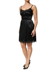 Black Silk Blend Lace Trim Sleeveless Mini Dress