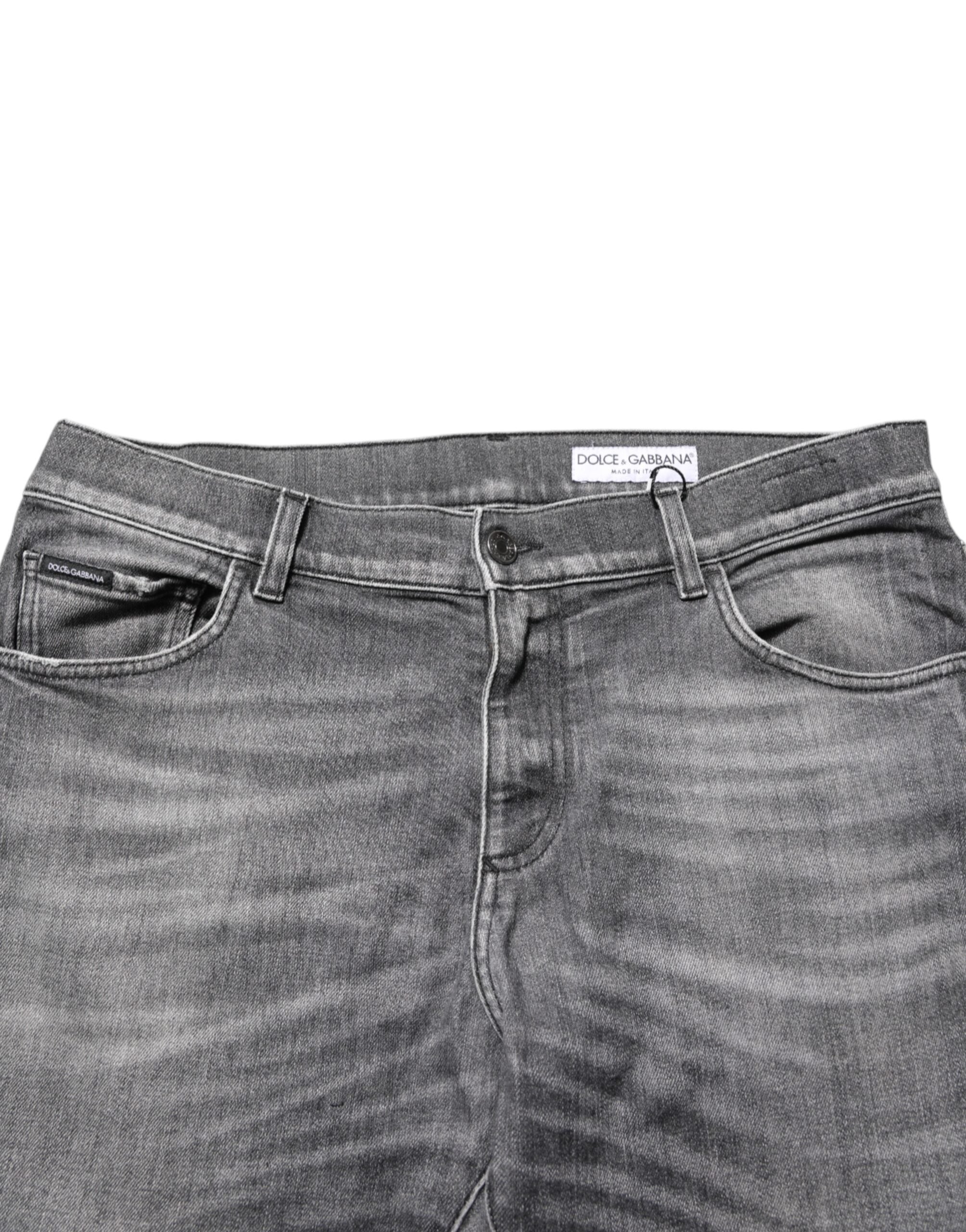 Grey Cotton Denim Slim Fit Distressed Pants Jeans