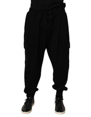 Black Cotton Blend Cargo Joggers Drawstring Pants
