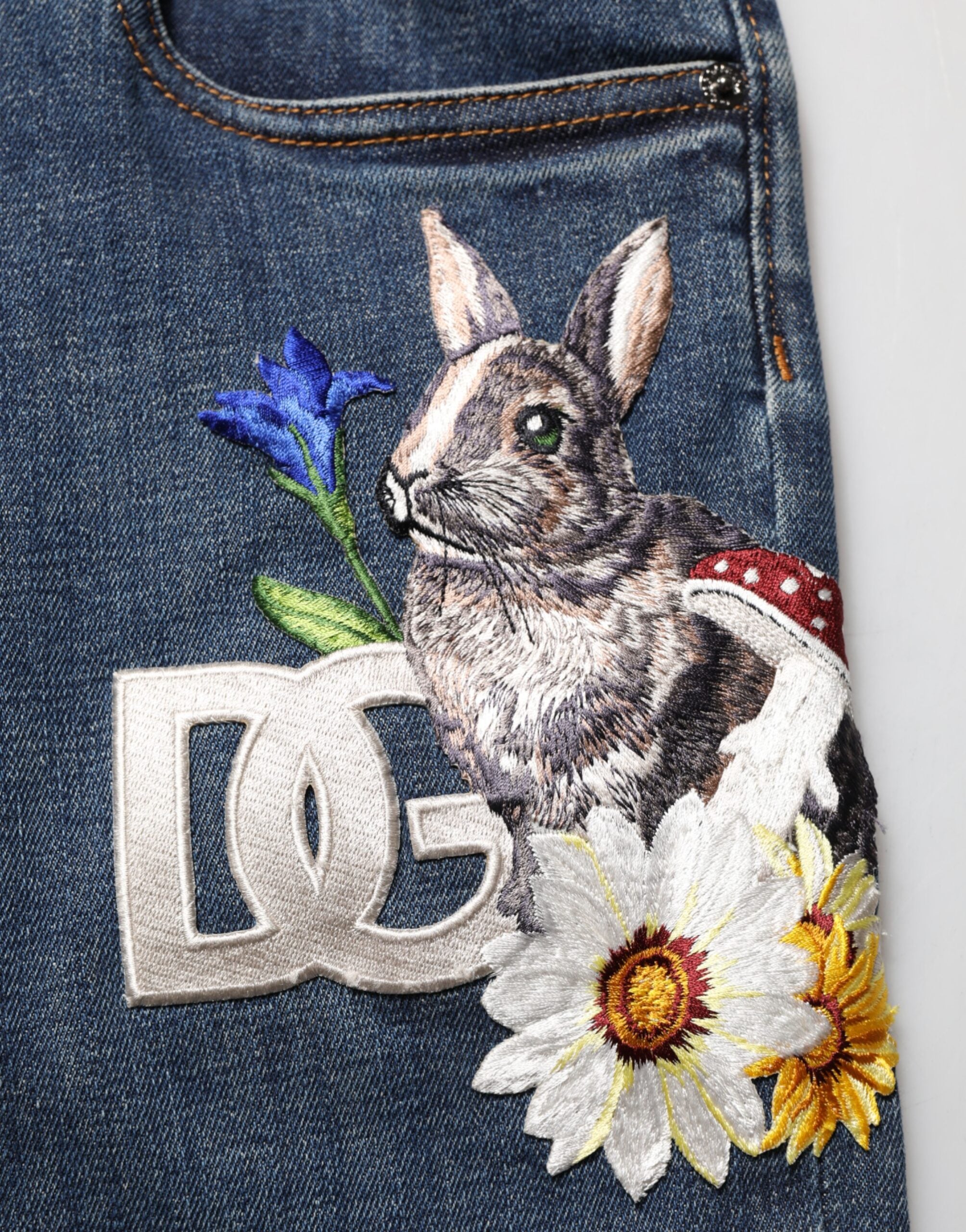 Blue Rabbit Embroidery Slim Men Denim Jeans
