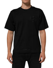 Black Logo Patch Cotton Men Crew Neck T-shirt