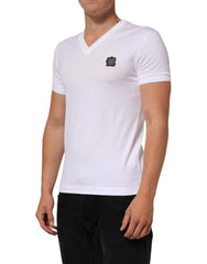 White Cotton Logo Patch V-neck Tee T-shirt