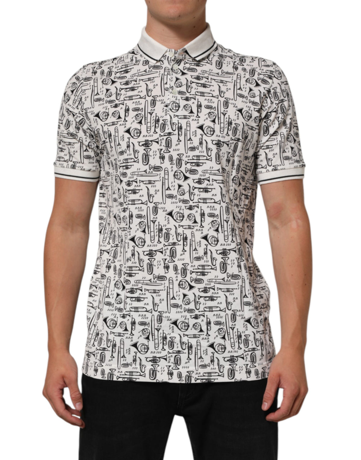 White Musical Print Collared Polo T-Shirt