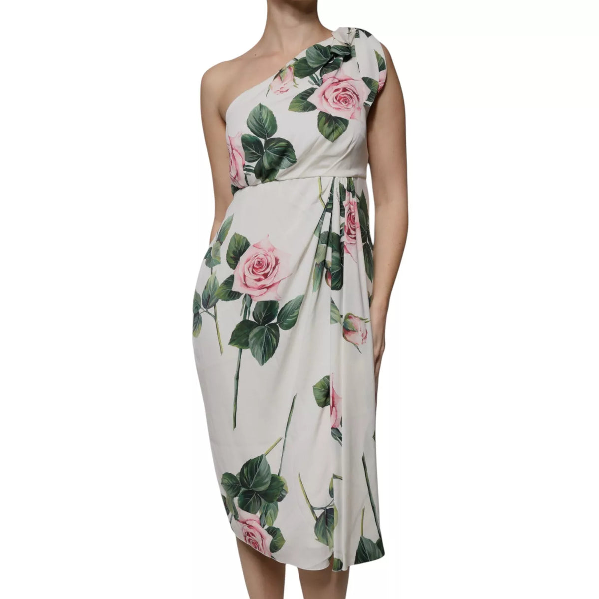 White Floral Silk One Shoulder Midi Dress