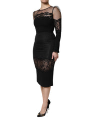 Black Lace Trim Nylon Tulle SheathMidi Dress