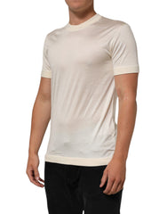 Off White Silk Crew Neck Short Sleeve T-Shirt