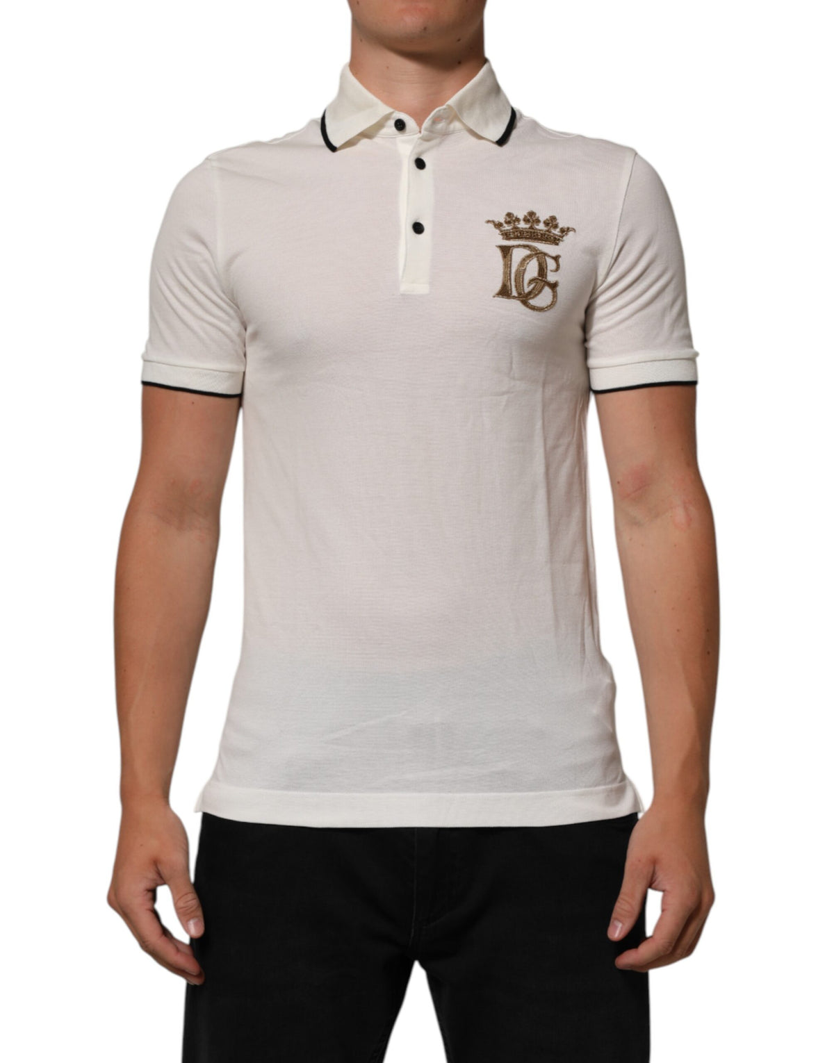 White Logo Embroidery Cotton Polo T-Shirt