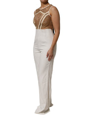 White Beige Mesh Crystal Embellished Sleeveless Jumpsuit