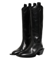 Black Leather Over The Calf Biker Boots Shoes