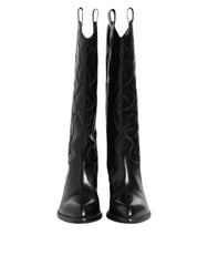 Black Leather Over The Calf Biker Boots Shoes