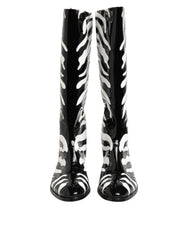 Black White Zebra Over The Calf Boots Shoes