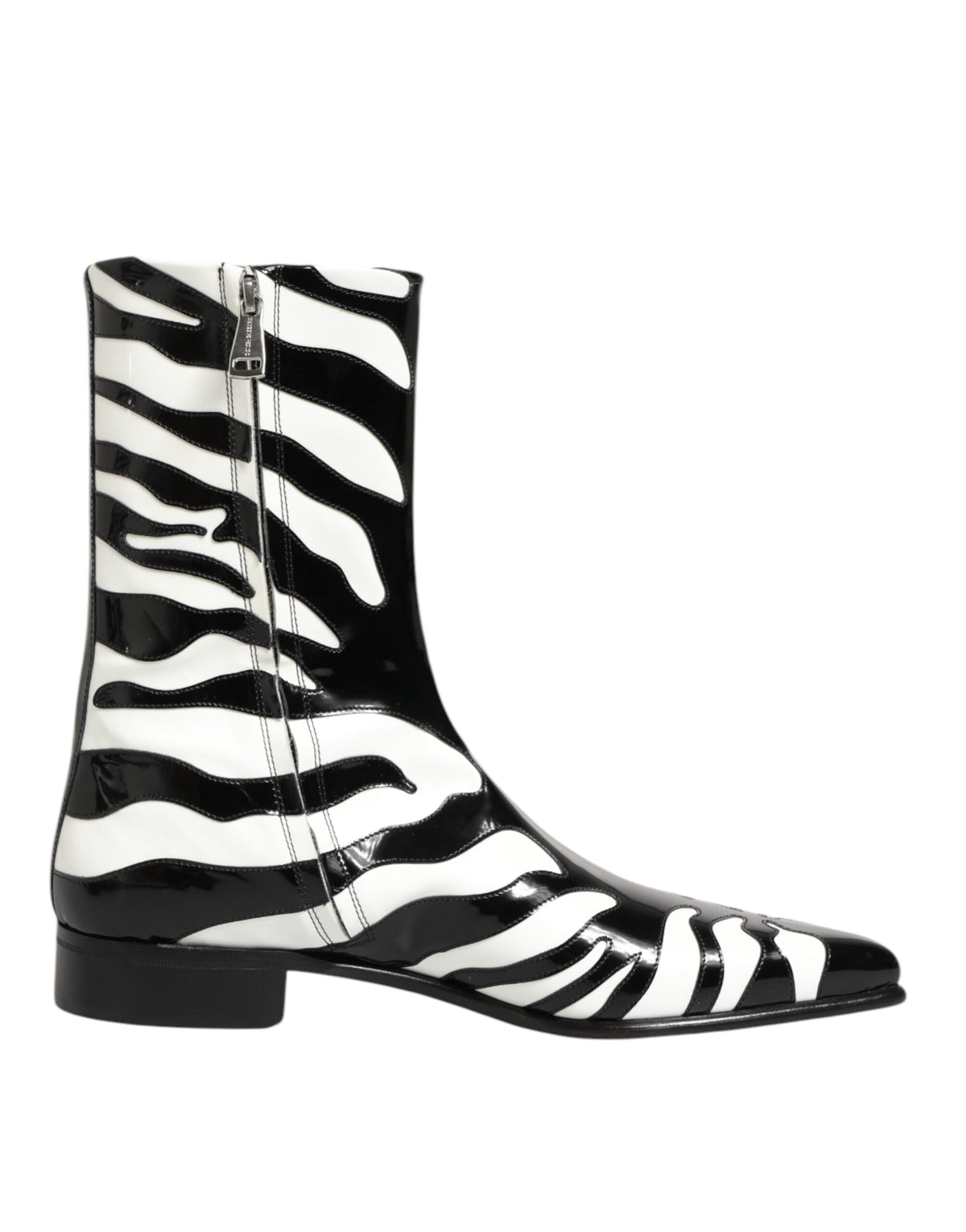 Black White Zebra Leather Mid Calf Boots Shoes