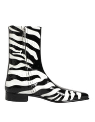 Black White Zebra Leather Mid Calf Boots Shoes