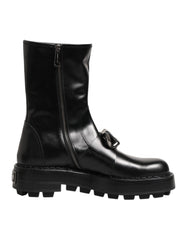 Black Logo Plaque Mid Calf Biker Boots Shoes