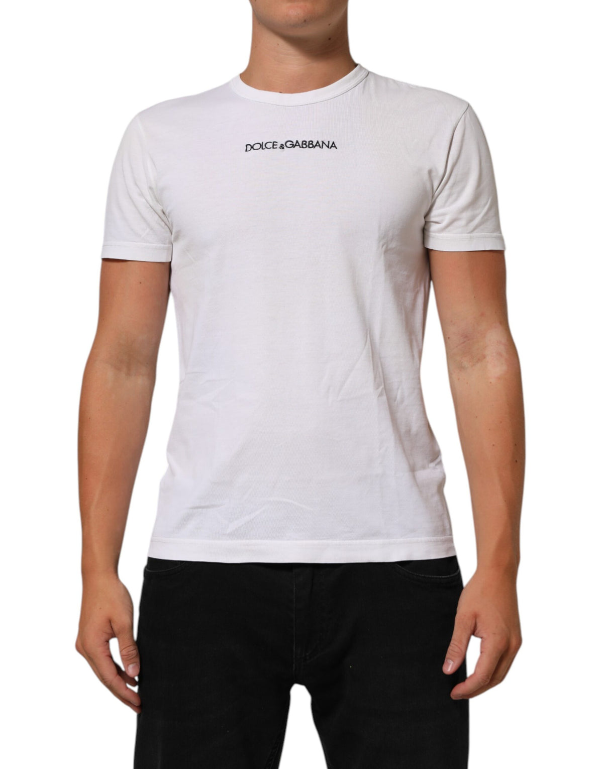 White Logo Print Cotton Crew Neck Men T-Shirt