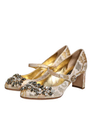 Gold Jacquard Crystal Mary Janes Pumps Shoes