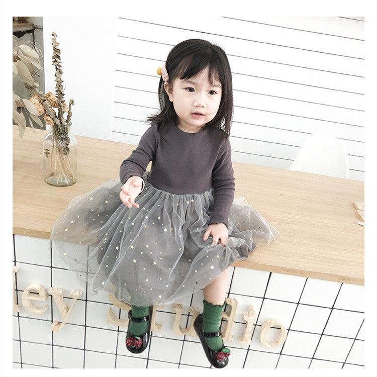 Children's Five-pointed Star Net Gauze Long-sleeved Dress