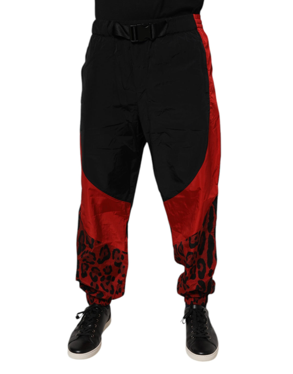 Black Red Leopard Print Nylon Jogger Pants