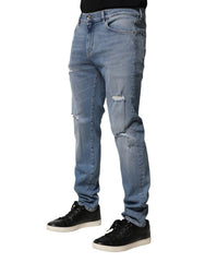 Blue Distressed Cotton Slim Men Denim Jeans