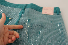 Cadet Blue Sequined Low Waist Cropped Trouser Pants