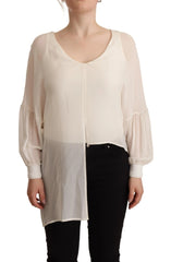 Off White Silk Long Sleeves Deep Vneck Top