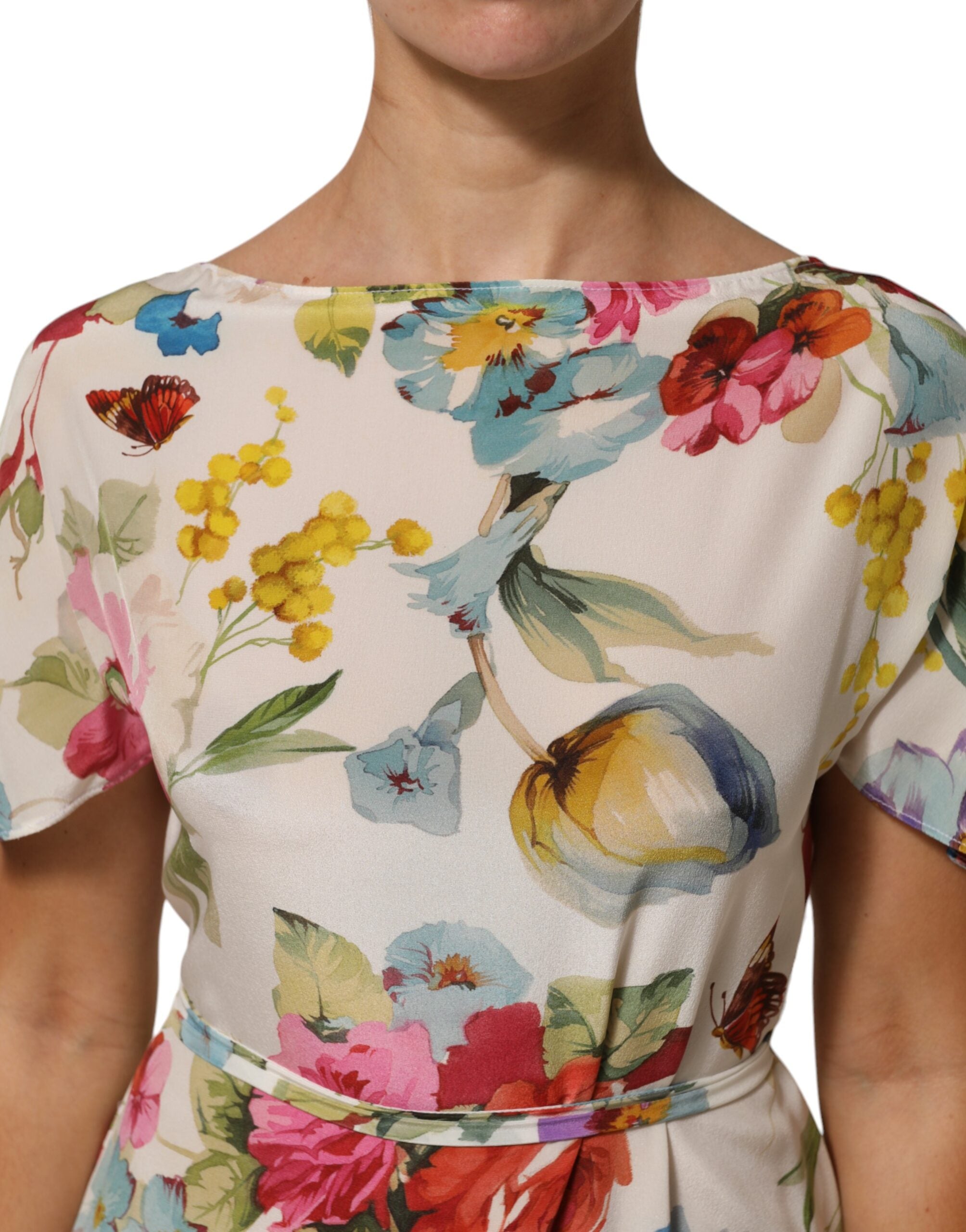 White Floral Print Silk Sheath Long Gown Dress