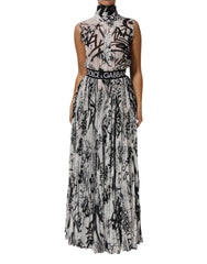 Black White Monogram Pleated Long Gown Dress