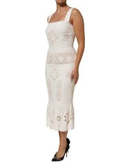 White Floral Lace Sleeveless Midi Dress