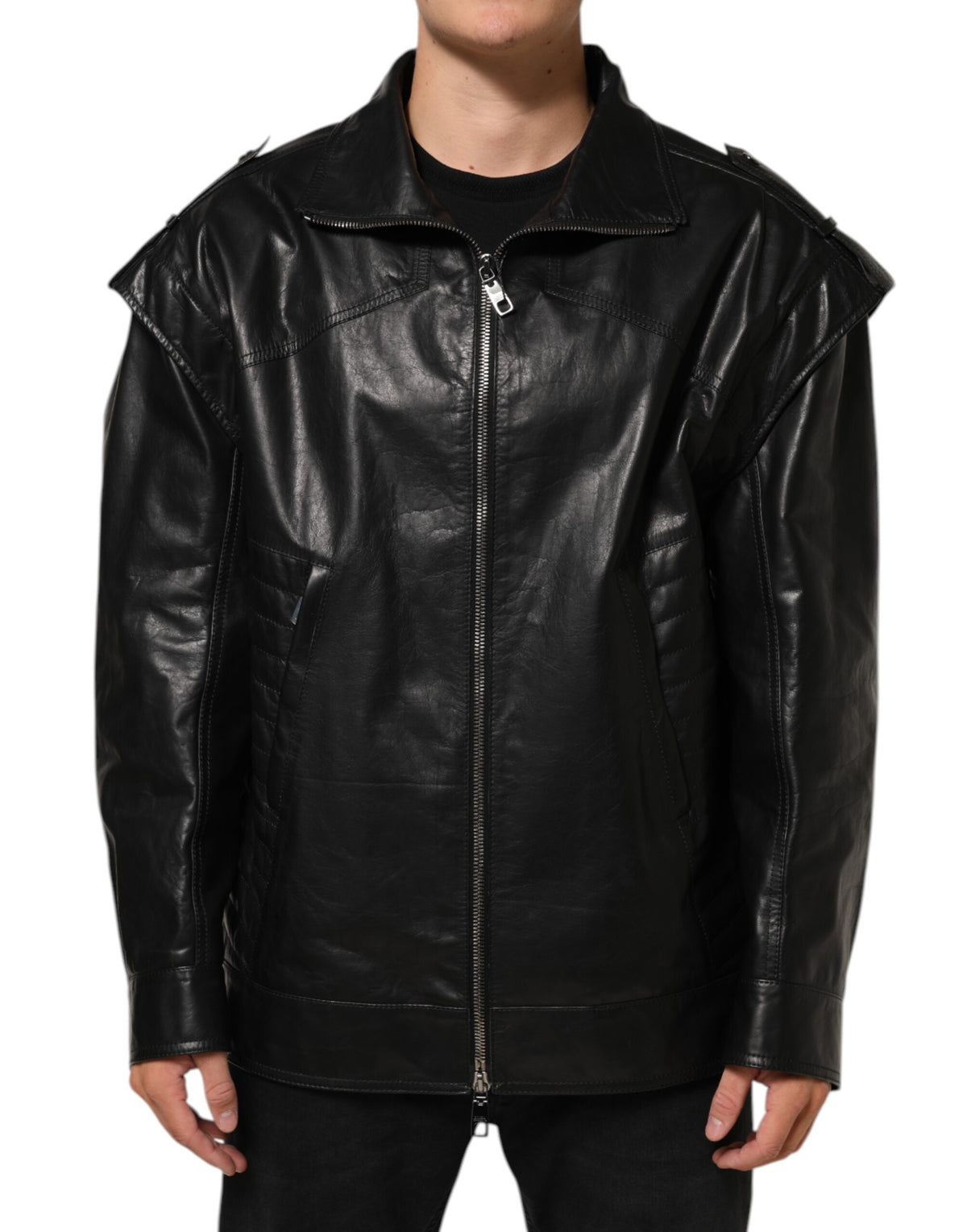 Black Leather Full Zip Biker Blouson Jacket