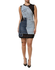 Blue Nylon Patchwork Denim Sheath Mini Dress